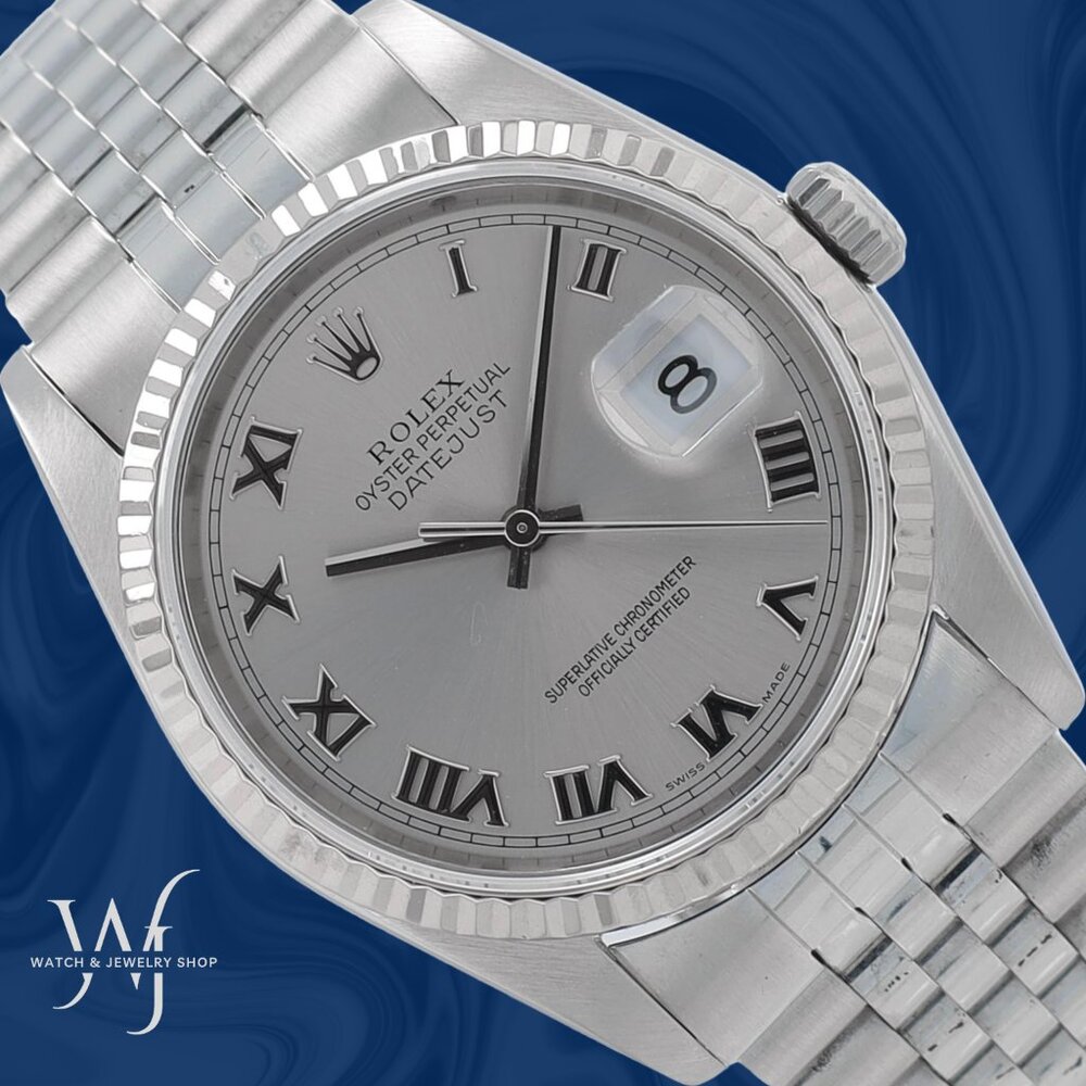 Rolex Datejust 16234 36mm Mens Steel Silver Roman Dial Fluted Bezel Jubilee Band